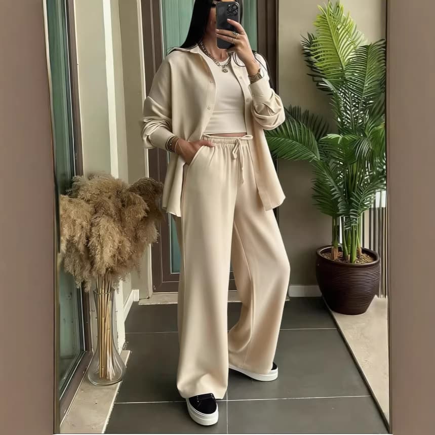 2026 New European and American Cross-Border Cardigan Loose Two-Piece Set Fashionable Wide-Leg Pants Casual Suit for Women