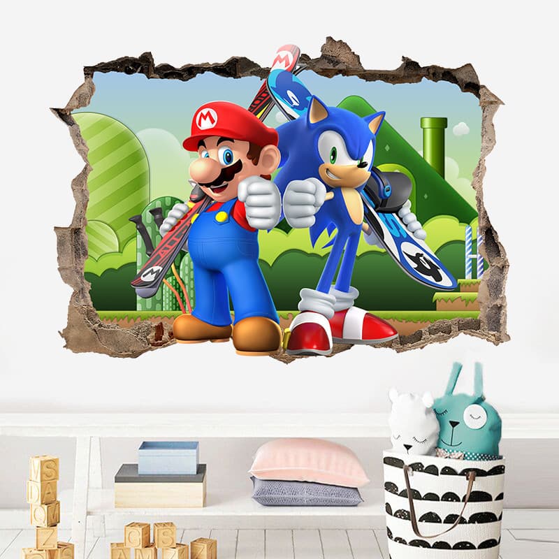 Foreign trade cross-border three-dimensional wall-through Mary and Sonic stickers living room bedroom kindergarten decorative background wall stickers