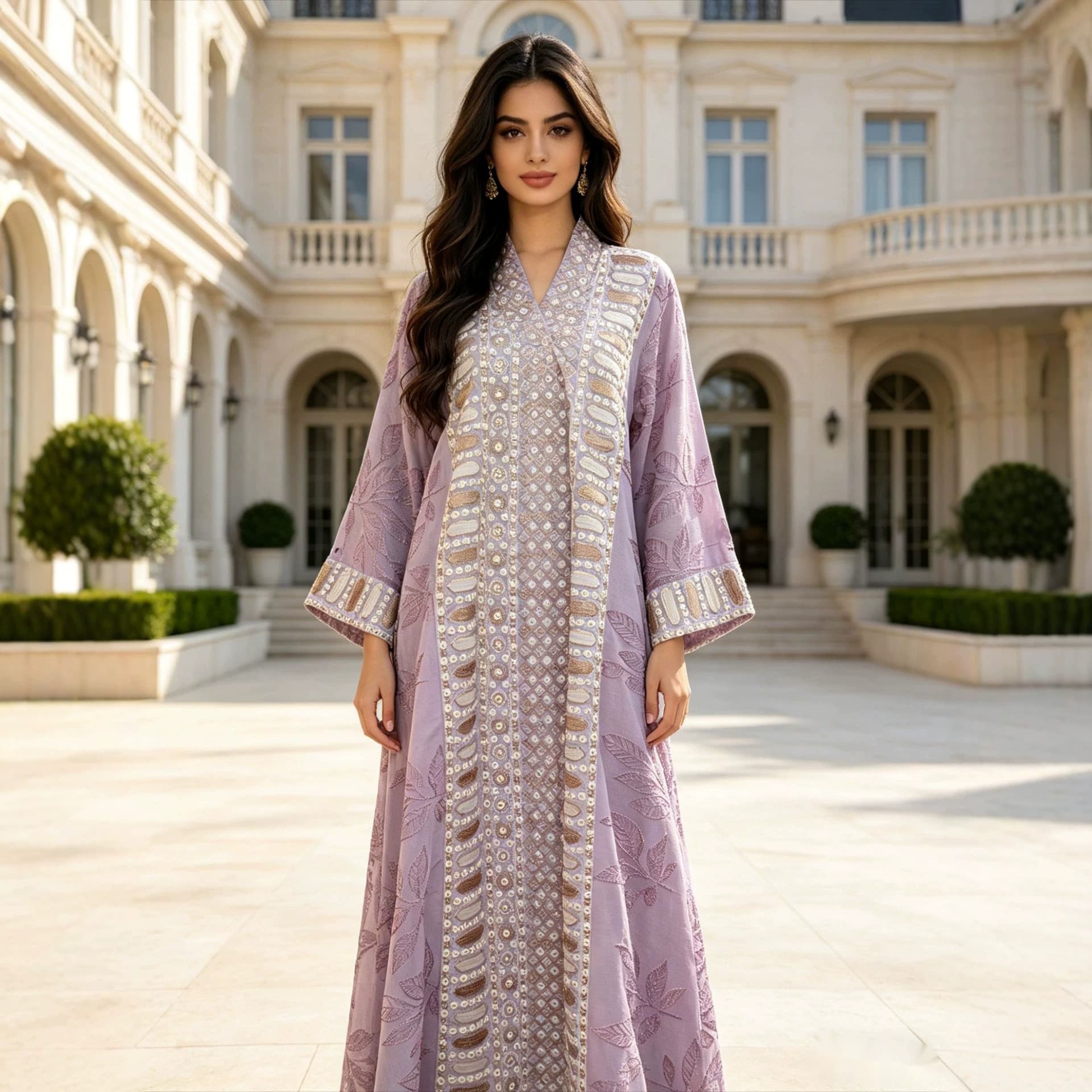 Cross-Border Heavy Contrast Plant Embroidery Long Dress: Loose Plus Size, Stand Collar, Long Maxi Dress
