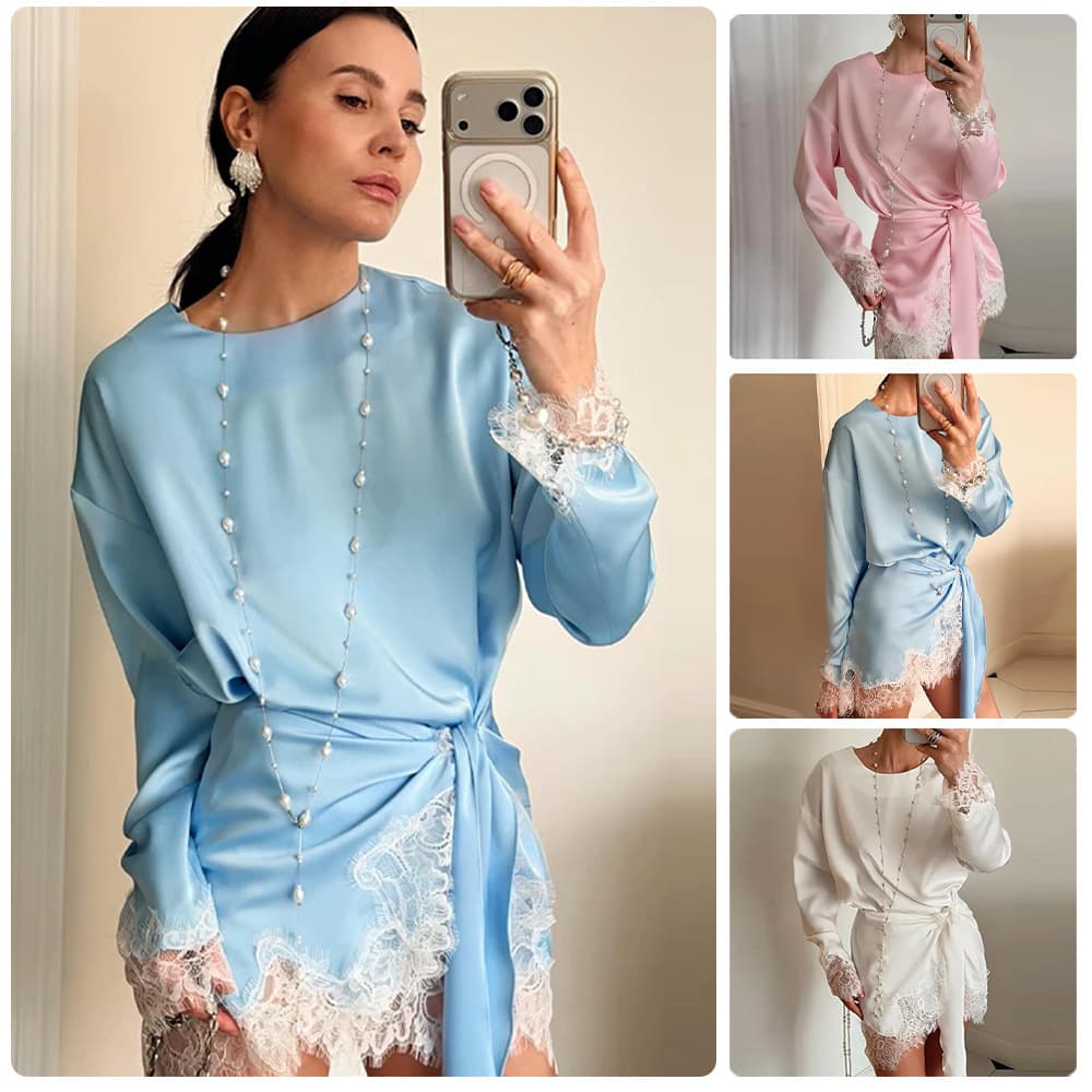 European and American style satin lace patchwork two-piece set, round neck loose long-sleeve shirt with tie waist and lace trim wrap skirt