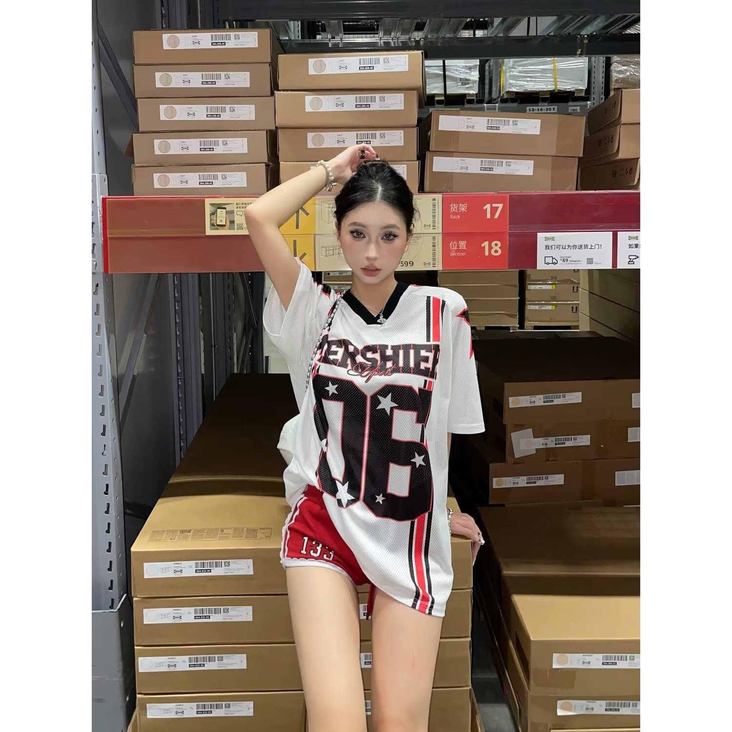 MOGONGHE American Hot Girl V-neck Top for Women, Jersey Style Color-Blocked Patchwork Versatile Short-Sleeve T-Shirt