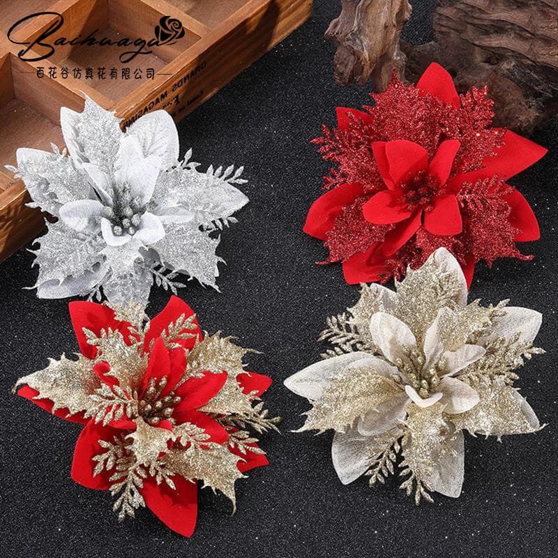 Christmas Decorative Hanging Ornaments - Wreath accessories, 14CM high-end gold-edged red Christmas flowers, direct from manufacturer wholesale