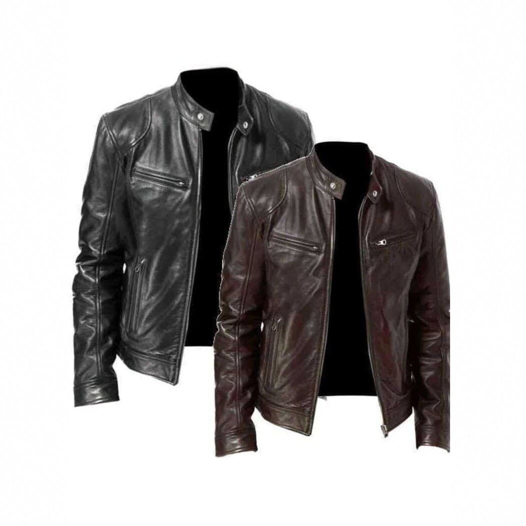 Men's PU Leather Jacket Stand Collar Motorcycle Biker Coat Retro Casual Outerwear Spring Autumn Black Brown