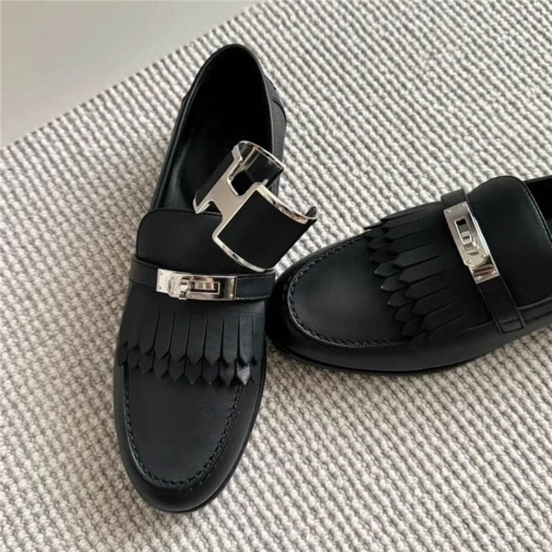 Sheepskin Version~ Small Gold Buckle Tassel Genuine Leather Loafers for Women, Slip-On Lazy British Style Flat Shoes, Single Shoes