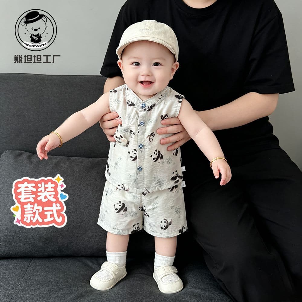 Children's summer cotton and linen suit 2026 new fashion style baby boy sleeveless shorts summer clothes split two-piece set