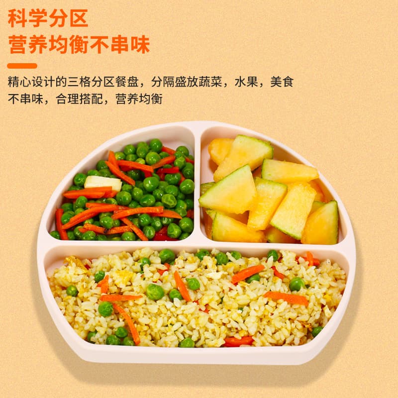 3-compartment baby dinner plate, food-grade soft silicone compartmented dinner plate, baby tray-type tableware with straw feeding bowl