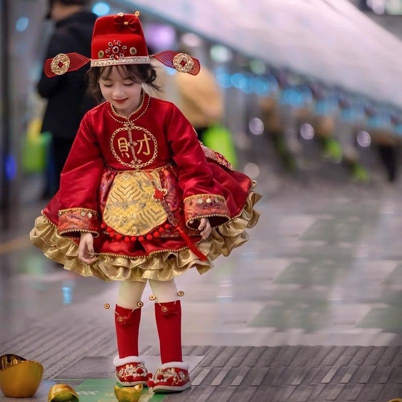 New Autumn/Winter Girls' New Year's Outfit Lolita Dress Heavy-Duty Red Dress Set