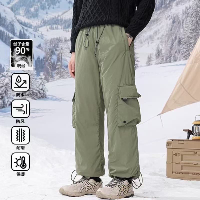 New Autumn/Winter Outdoor Waterproof Down Pants for Men, Casual Long Pants, Thickened Ski Pants, Loose Wide-Leg Cargo Down Pants