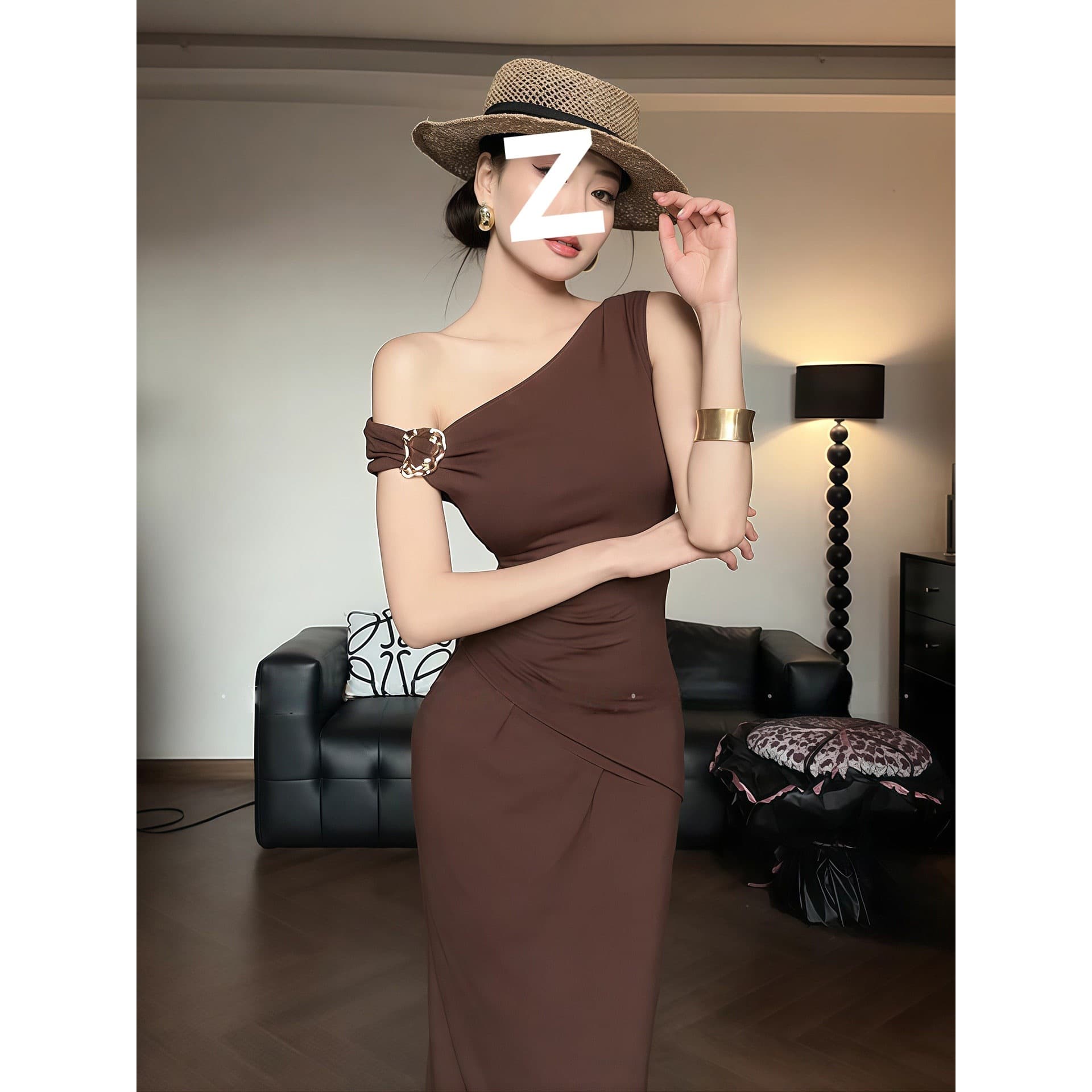 Retro temperament pleated waist slanted off-shoulder dress women's spring new slim slim long skirt hip-covering skirt