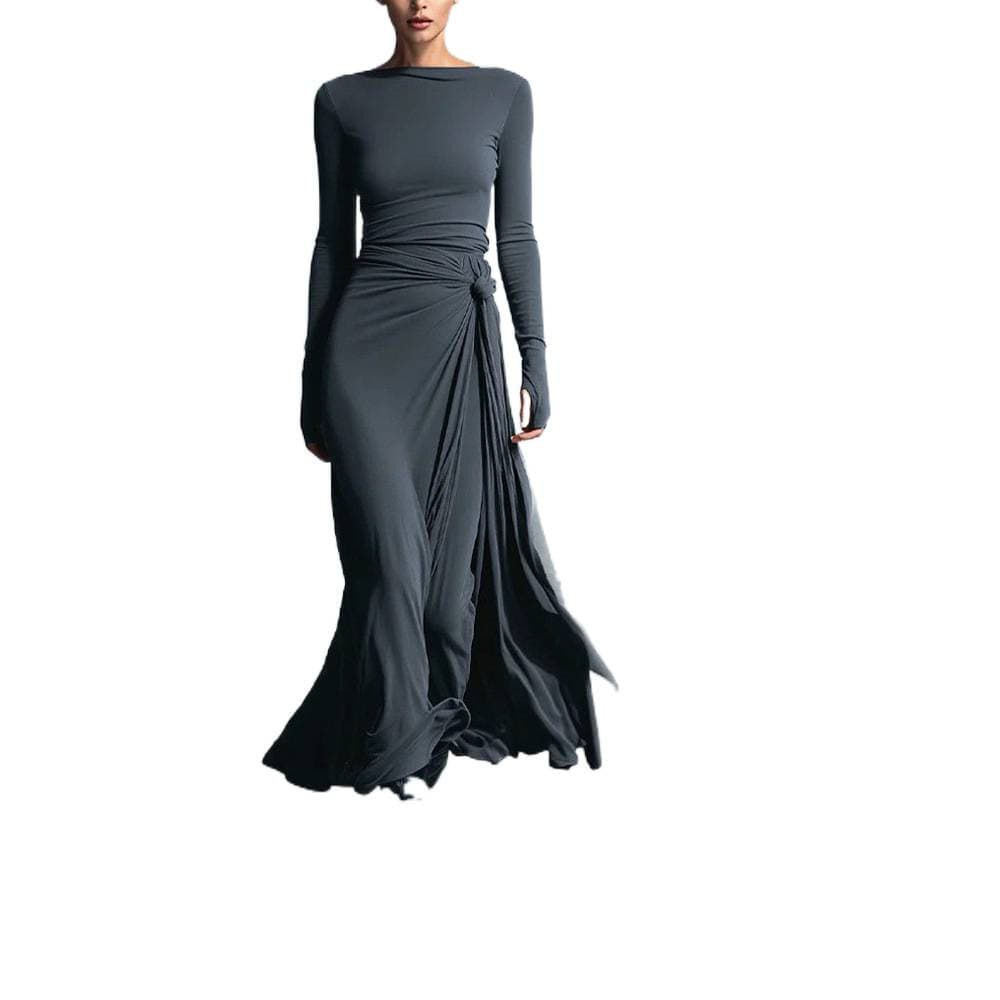 Independent Site EU/Amazon Cross-border Autumn/Winter Women's Solid Color Elegant Wrap Long Dress with Knot Detail Long Sleeve