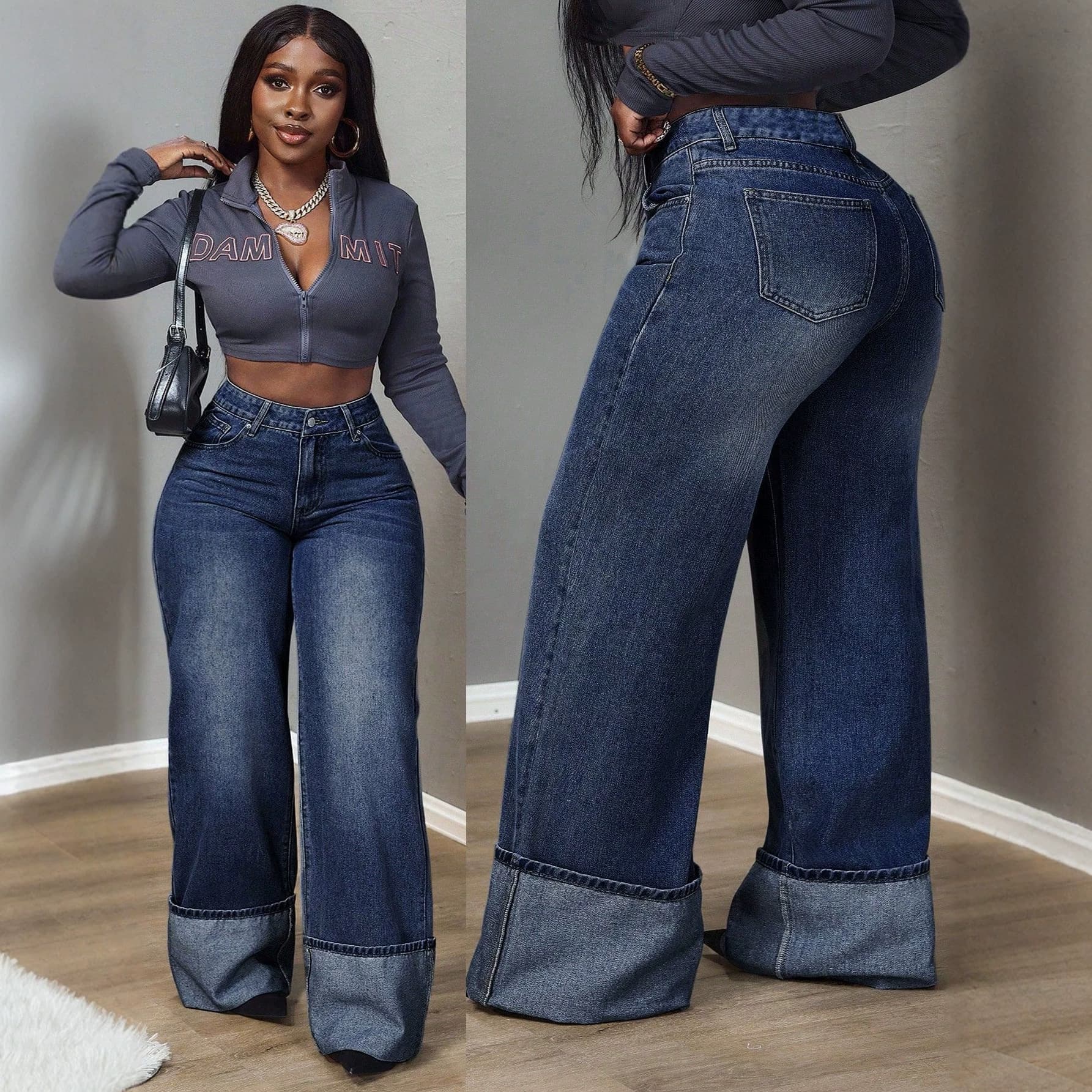 European and American Style Women's Jeans Dark Blue Washed High Waist Wide Rolled Hem Wide Leg Pants Slim Fit Butt Lifting Slimming Long Pants