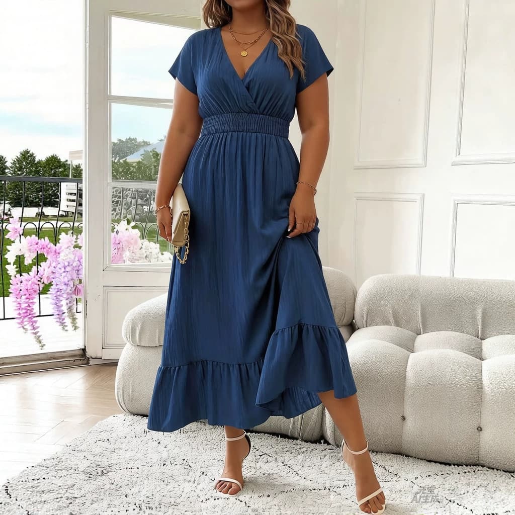 2026 European-American Cross-Border Plus Size Women's Summer New V-Neck Short Sleeve Waist-Cinching Dress Long Dress