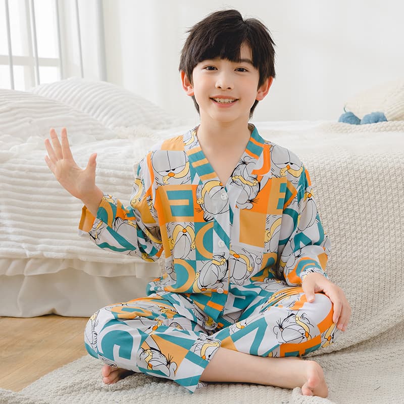 Cotton Silk Kids Pajamas Homewear Air Conditioning Wear V-Neck Long Sleeve Boys and Girls Baby Summer Clothing Children's Cotton Summer