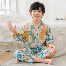 Cotton Silk Sleepwear Kids Homewear Air Conditioning Wear V-Neck Long Sleeve Boys Girls Baby Summer Clothing Children's Cotton