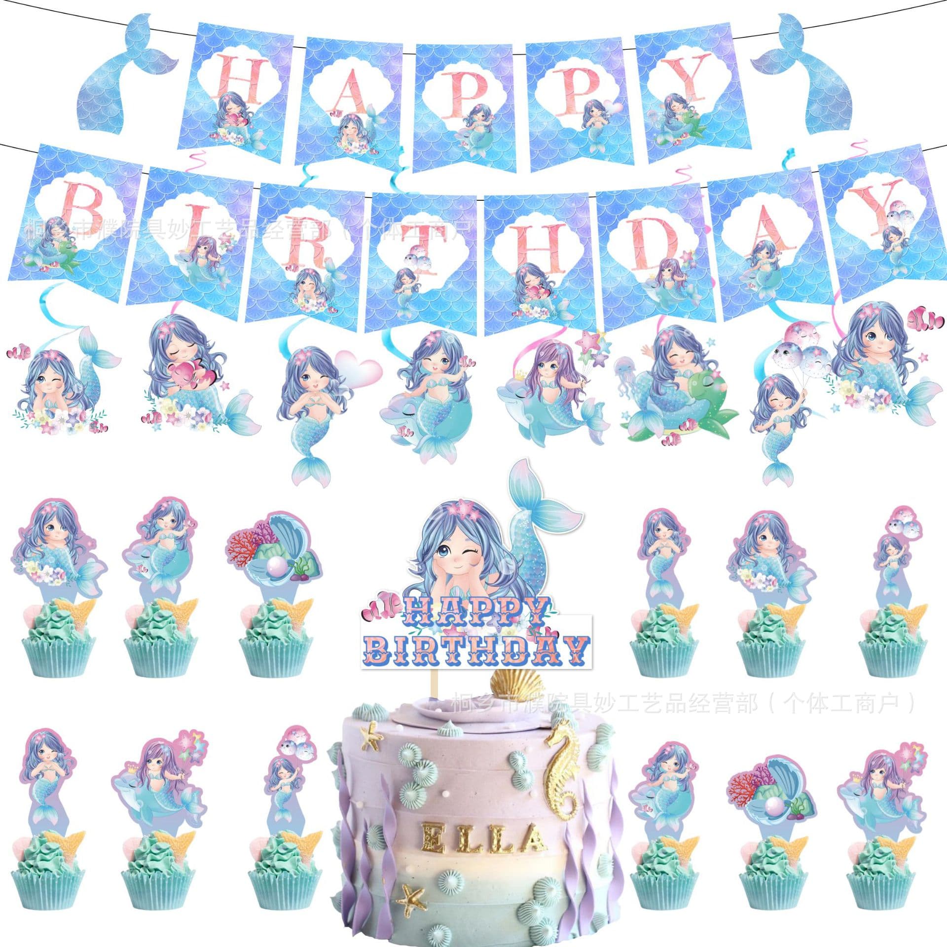 Mermaid Theme Birthday Party Decorations, Children's Mermaid Bunting, Cake Topper, Spiral Ornaments, Honeycomb Balls