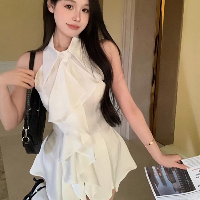 Official picture, actual price, ruffled sleeveless shirt top, women's summer French style mid-length waist slim shirt