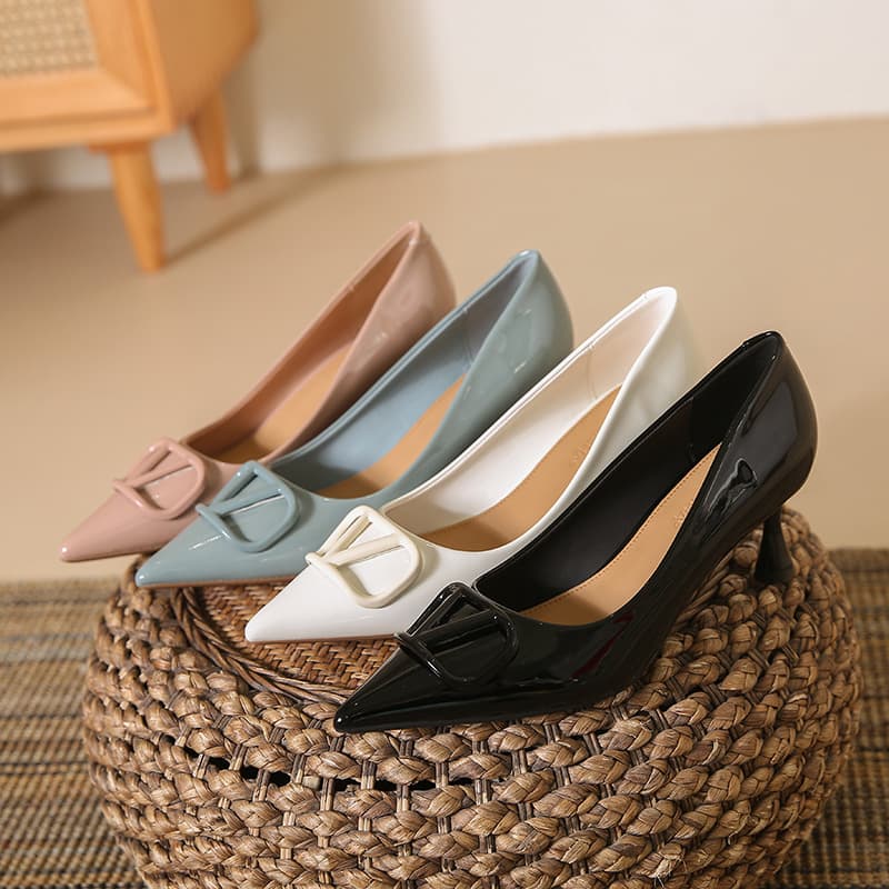 Leather High Heels Thin Heel Women's Pointed Toe Slip-On Shoes Versatile Summer Anti-Slip Sexy Low Cut Rubber Sole Comfortable