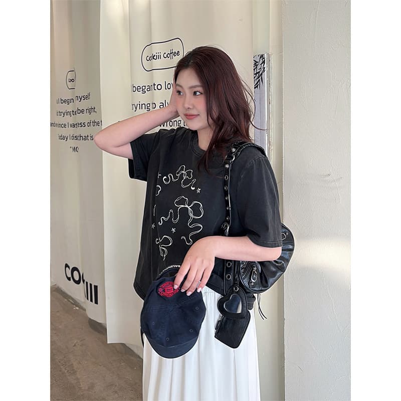 Plus size women's lazy casual bow short-sleeved summer loose temperament T-shirt fat mm pullover pure cotton bottoming shirt