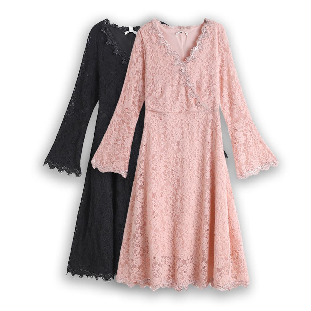 Plus Size Women's Fashion Deep V-Neck Dress for 130-320 lbs, Spring Micro-Fat Moms Tie Hollow Lace Mother Dress