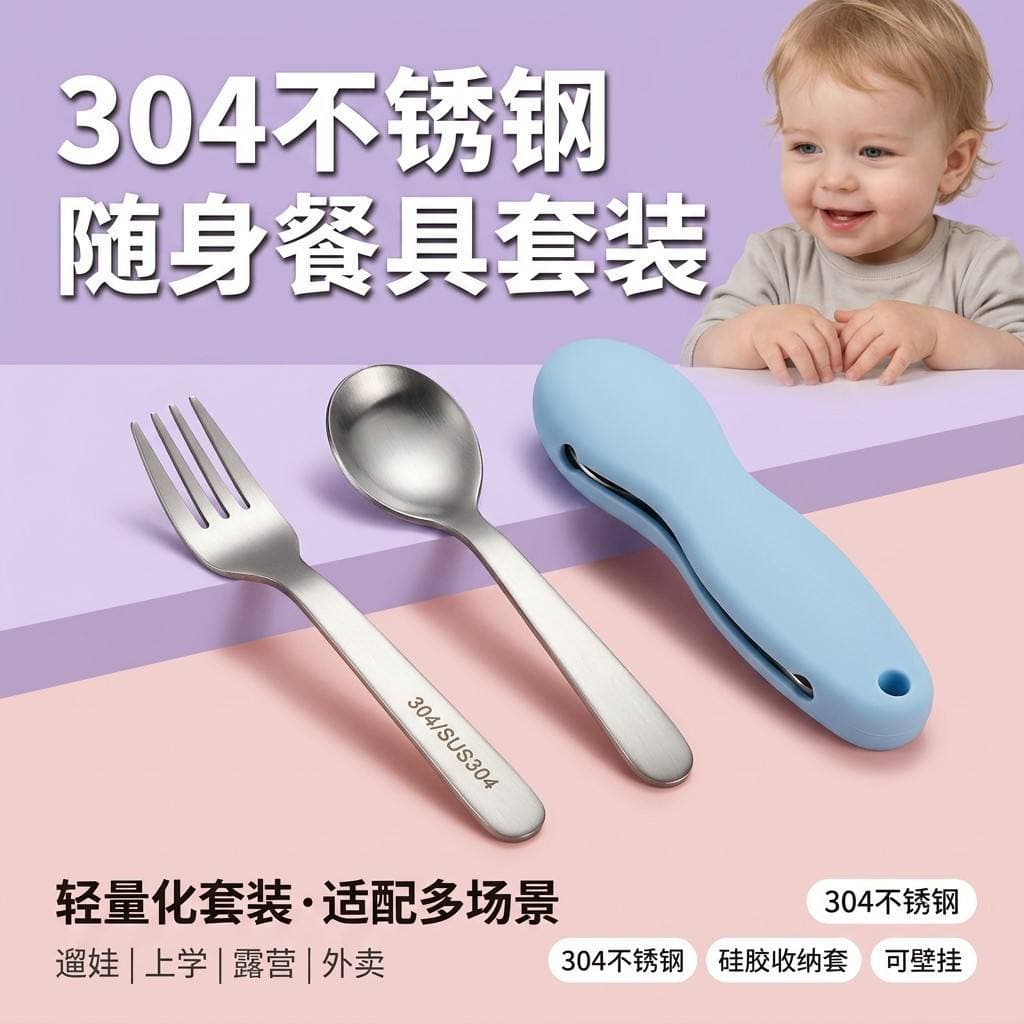 Baby Spoon and Fork Silicone Storage Set, Feeding Spoon for Kids, Baby Tableware Set, Soup Spoon, Small Spoon Set
