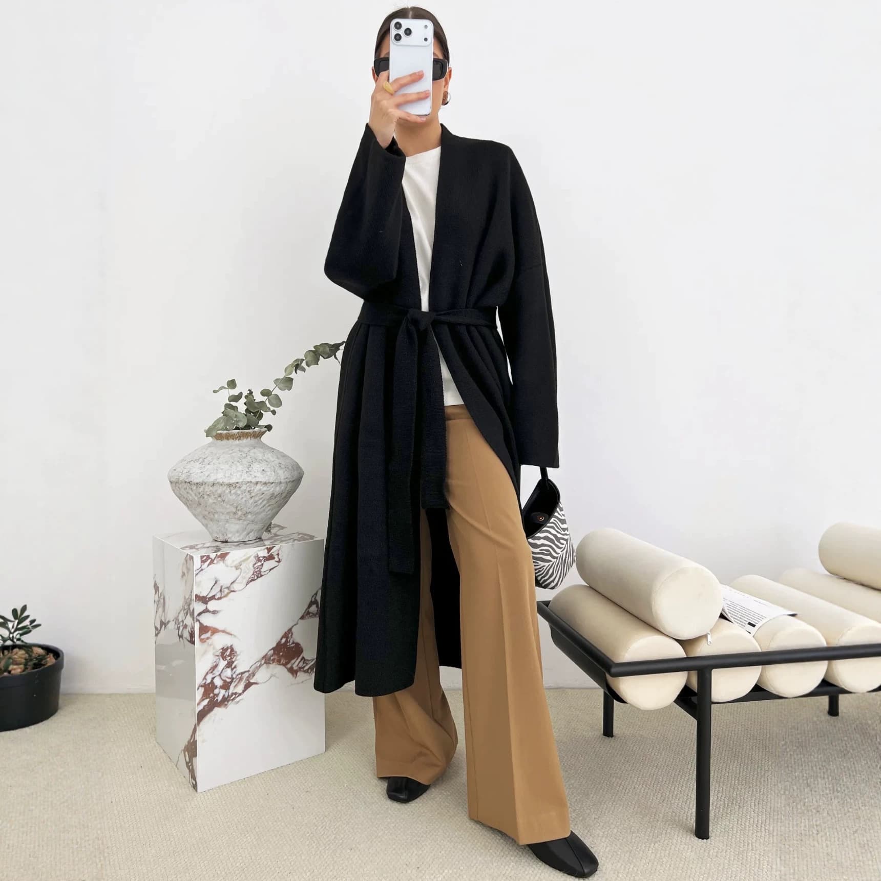 Knitted Cardigan with Belt, Thick Long Knit Cardigan