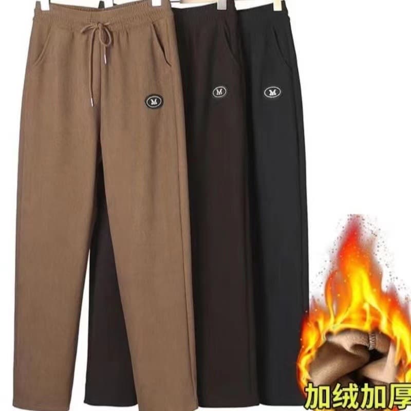 M-label wood-grain fleece tapered pants, imitation wool mom casual pants, autumn and winter straight-leg fleece-lined and thickened sweatpants for middle-aged and elderly women.