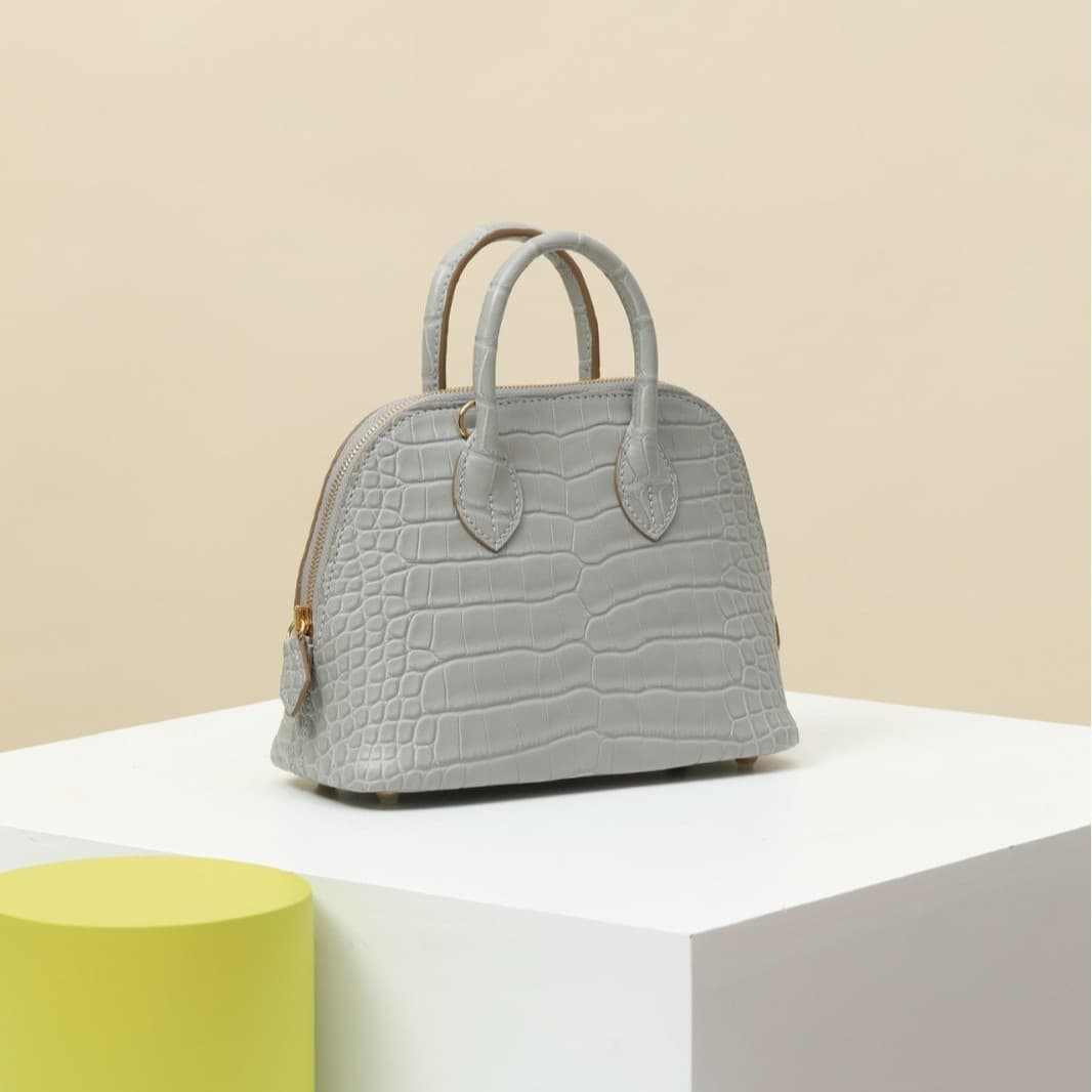 Handcrafted Bowling Shell Bag Mini, Genuine American Alligator Leather, Pearl Gray, Shoulder Crossbody Handbag for Women