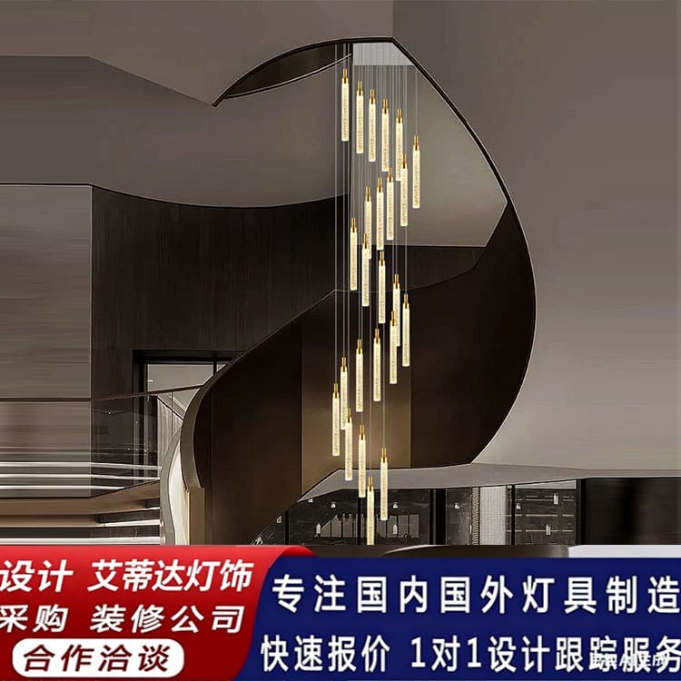 Atmospheric stair lamp, long chandelier, crystal light luxury designer villa hall, empty spiral stairwell apartment chandelier