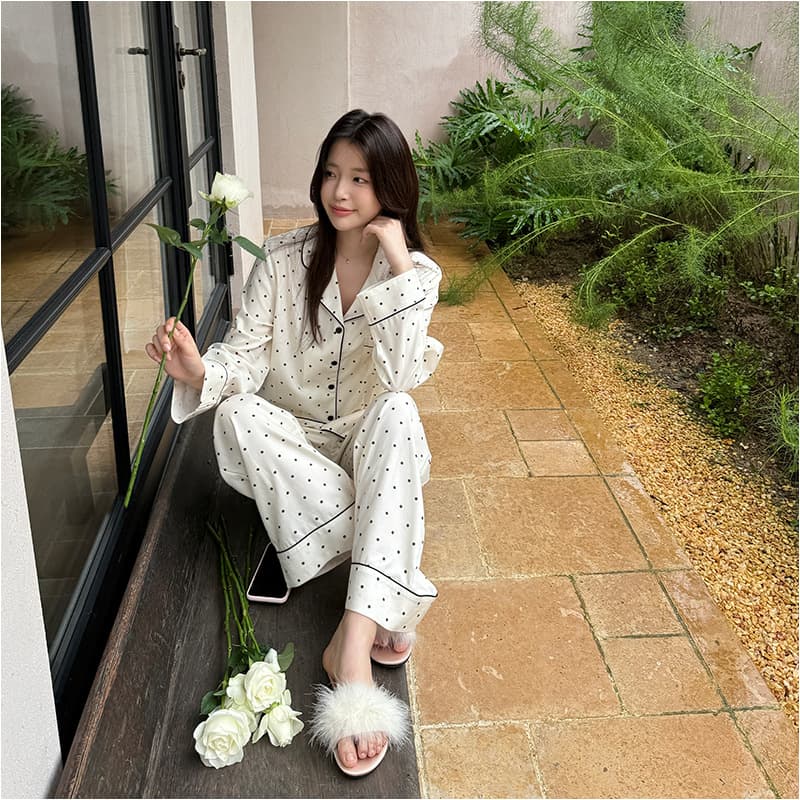 French-Style Polka Dot Bamboo Fiber Cotton Long-Sleeve Long-Pants High-End Spring and Summer Cardigan Pajamas Loungewear for Women, Suitable for Wearing Outside