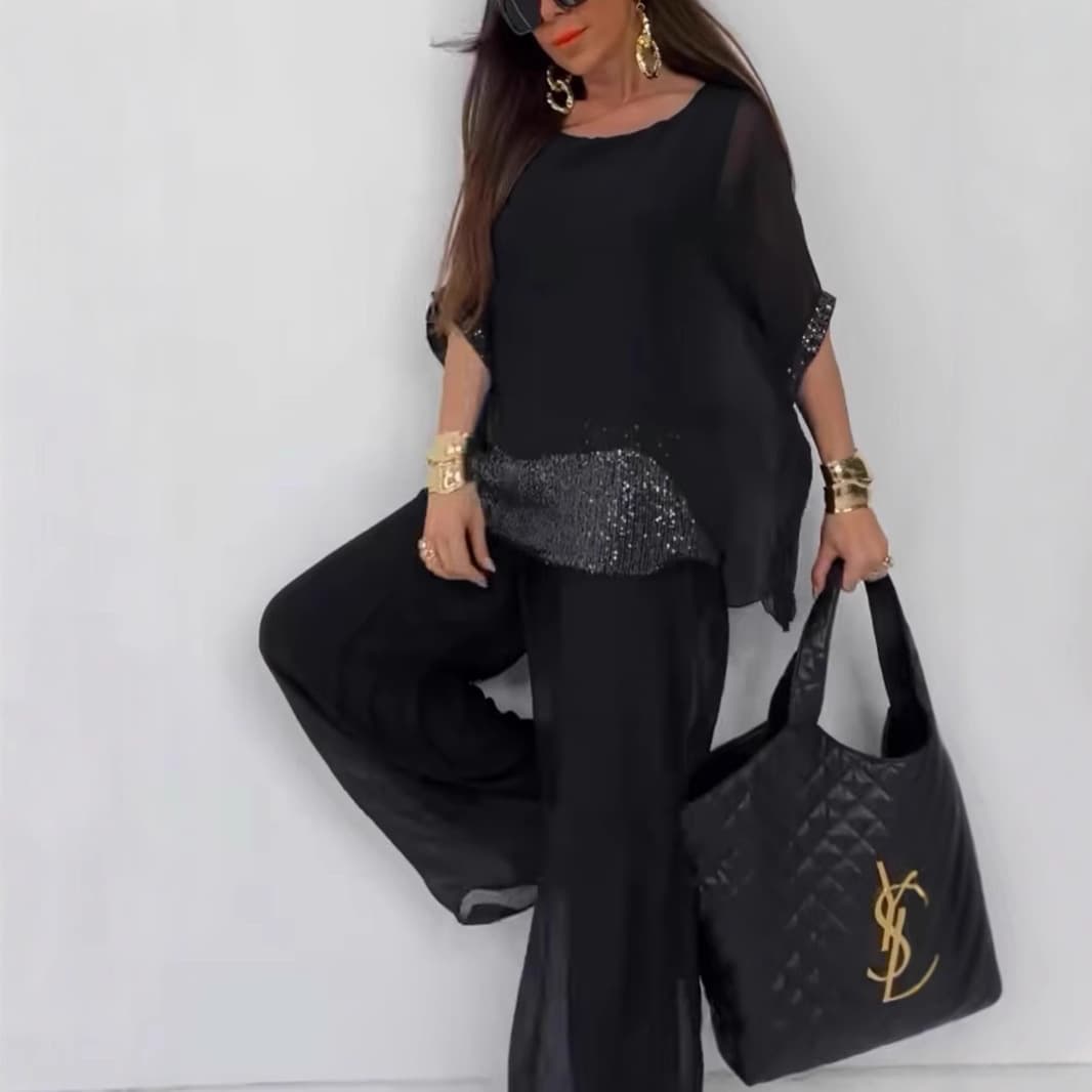 2025 Summer European and American Cross-border Amazon Chiffon Short Sleeve Sequin Patchwork Pants Casual Set for Women