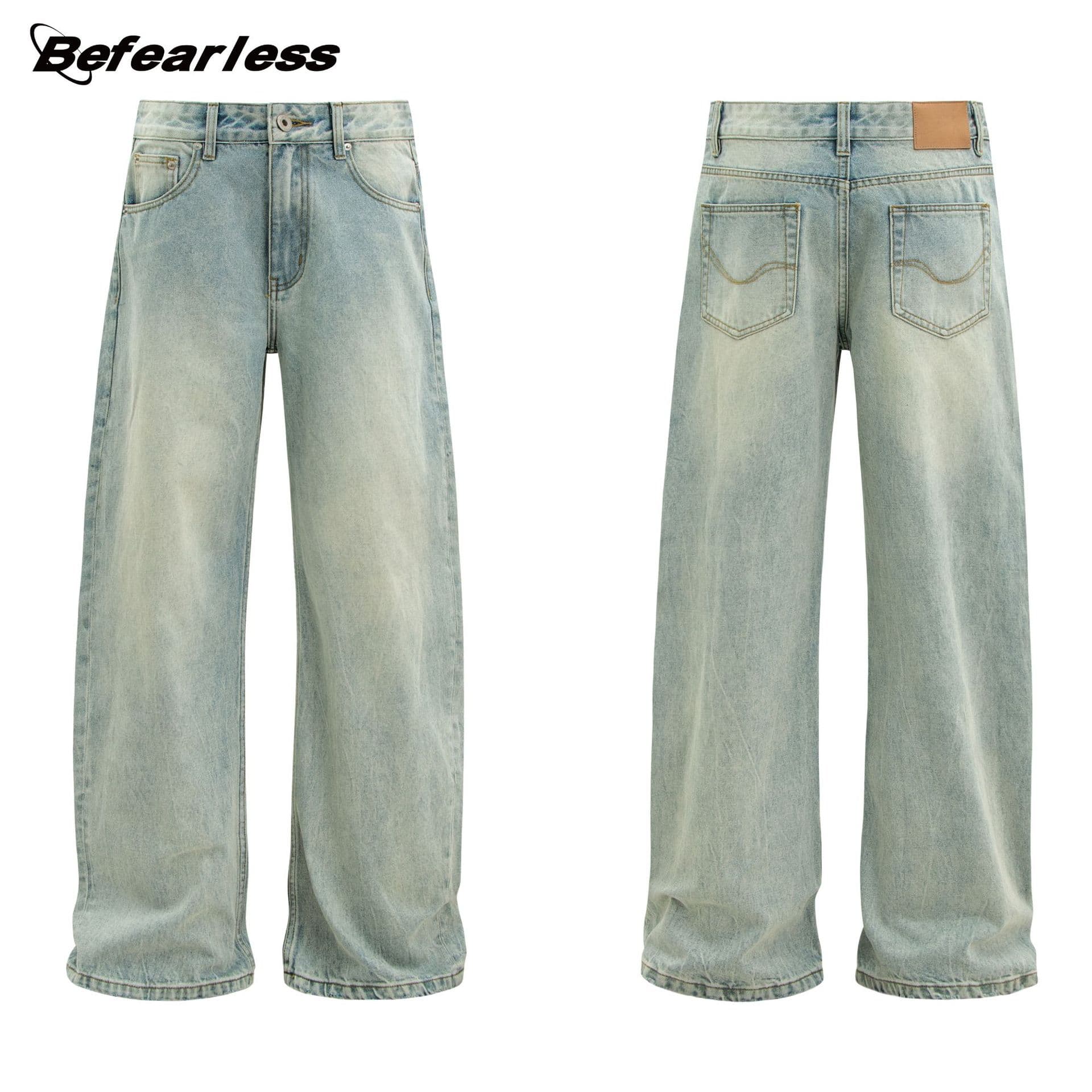 American Vintage Washed Distressed Slightly Curved Jeans Unisex Streetwear Loose Casual Baggy Pants