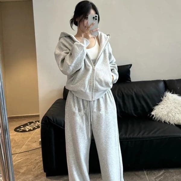 Plus Size Simple Solid Color Casual Sportswear Set for Women Fall/Winter 300 lbs Fat mm Hooded Jacket + Wide Leg Pants Two-Piece Set