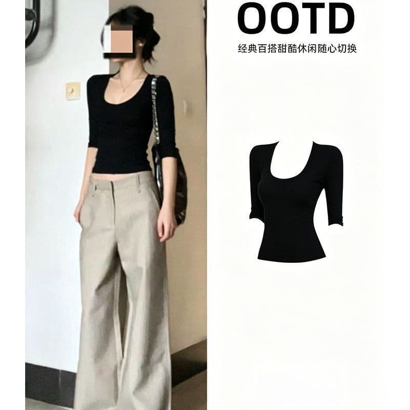 Hot girl u-neck tight slimming black half-sleeved T-shirt new mid-sleeve slim top women's waist pure desire low-neck short style