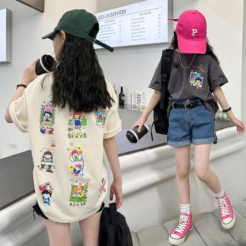 Pure Cotton Girls Summer Stylish Short-sleeved T-shirt Girls Big Children Fashionable Half-sleeved Summer Fashion Brand Top Clothes 8 Years Old 9