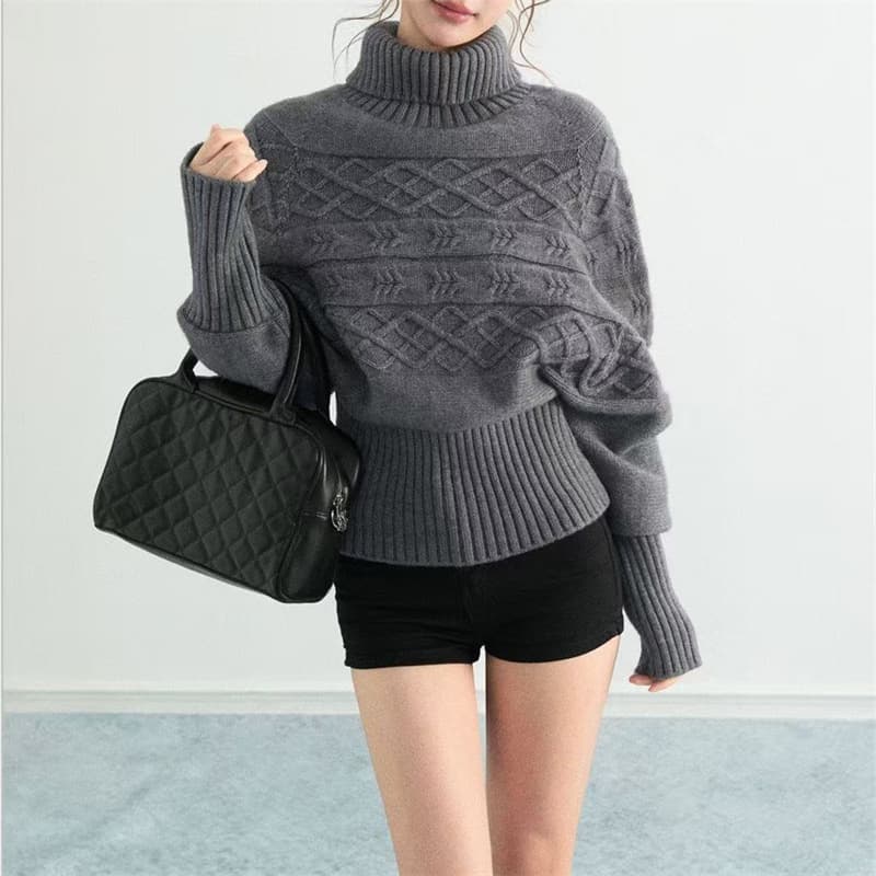 Turtleneck Cable Knit Batwing Sleeve Sweater for Women, Fall/Winter New Arrival, Waist-Tied, Lazy Fit, Slimming, Stylish Knit Top