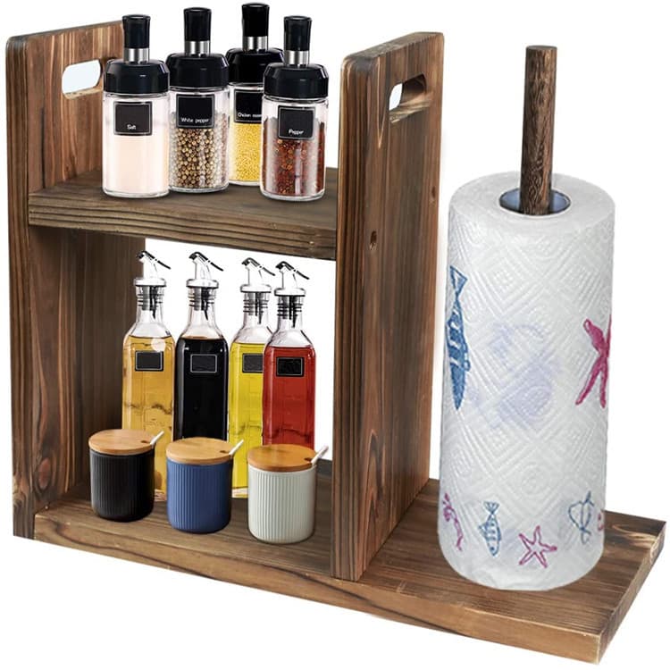 Wooden 2-Tier Shelf Kitchen Counter Storage Box Towel Roll Holder for Kitchen Vertical Spice Organizer
