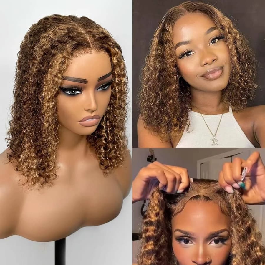 Highlight Human Hair Brazilian Water Wave 4/27 Glueless Wig