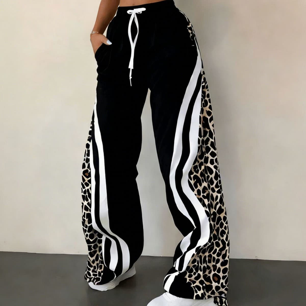 Women's Black Leopard Print Patchwork Wide-Leg Pants with Drawstring Elastic Waist, Sporty Casual Pants with Side Stripes, Drapey Straight-Leg Long Pants