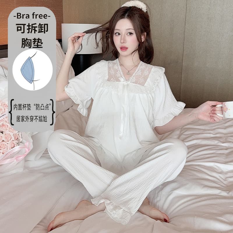 Sweet padded short-sleeved pajamas for women 2026 summer new white short-sleeved trousers home wear set can be worn outside