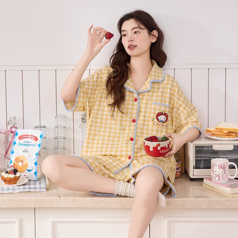 Pajamas for women 2026 summer short-sleeved casual sweet summer two-piece cardigan imitation cotton thin home wear set