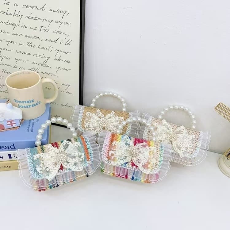 New Children's Pearl Handbag Summer Sequin Bow Girls Crossbody Bag Princess Accessories Coin Purse Korean Style