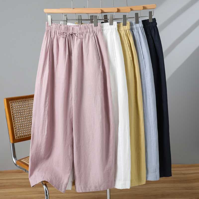 Actual Photo 2026 Summer Linen-Cotton Curved Leg Pants Drawstring Casual Loose Fit Slimming Artistic Linen-Cotton Pants Women Summer