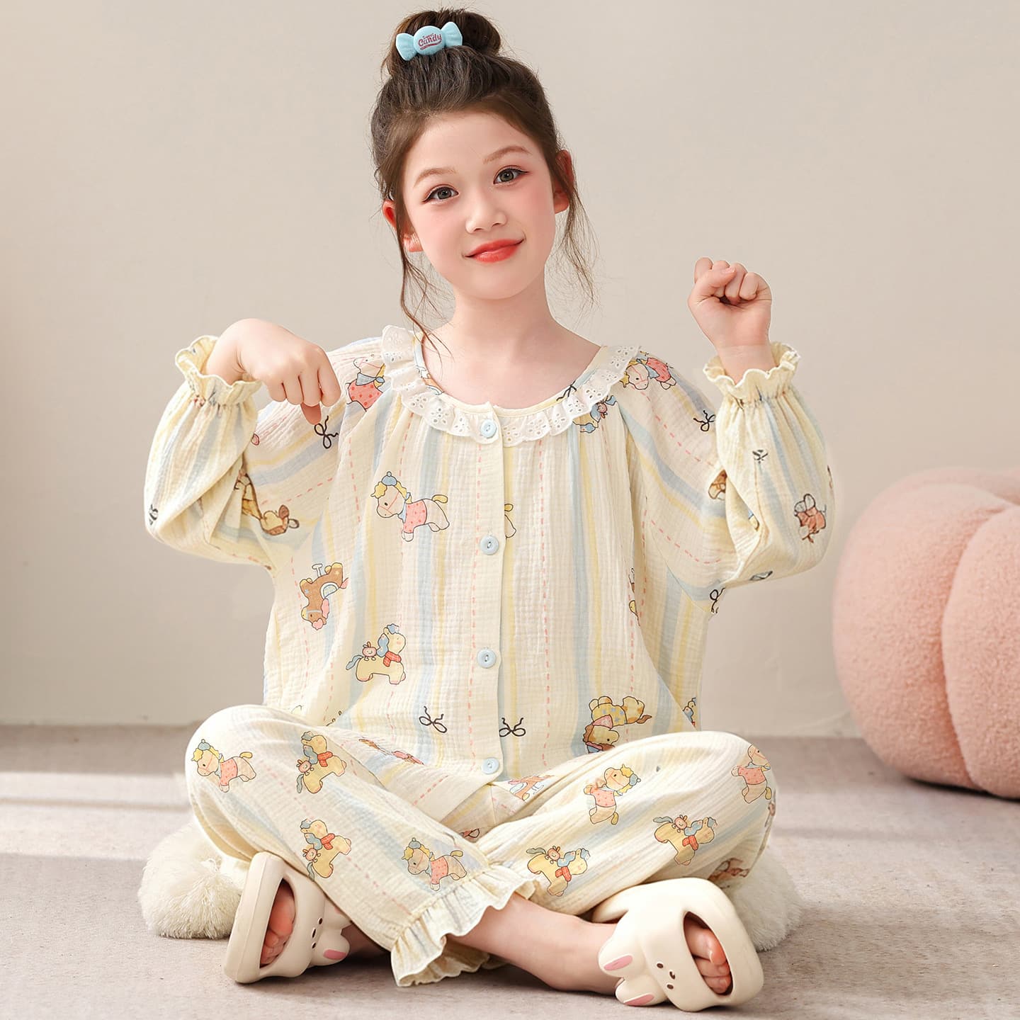 Sweet Girls Pajamas Spring Autumn Long Sleeve Thin Pure Cotton Double Layer Cotton Gauze Cartoon Style Big Kids Homewear