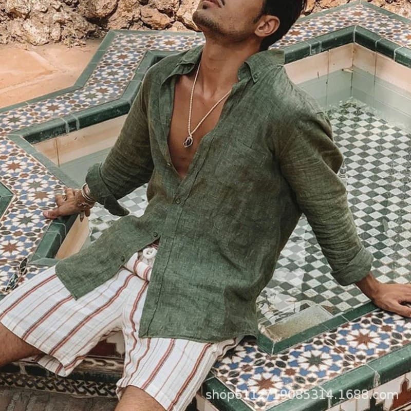 New Autumn Men's Solid Color European and American Loose Casual Notch Lapel Long-Sleeve Cardigan Beach Shirt
