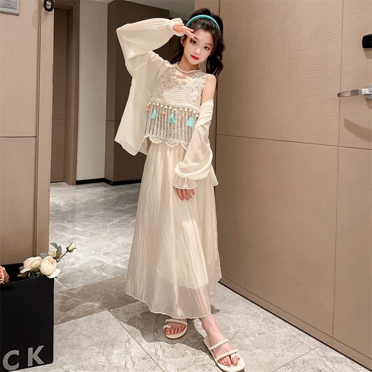 Girls Summer Dress 2026 New Bohemian Beach Strapless Dress for Older Girls Seaside Vacation