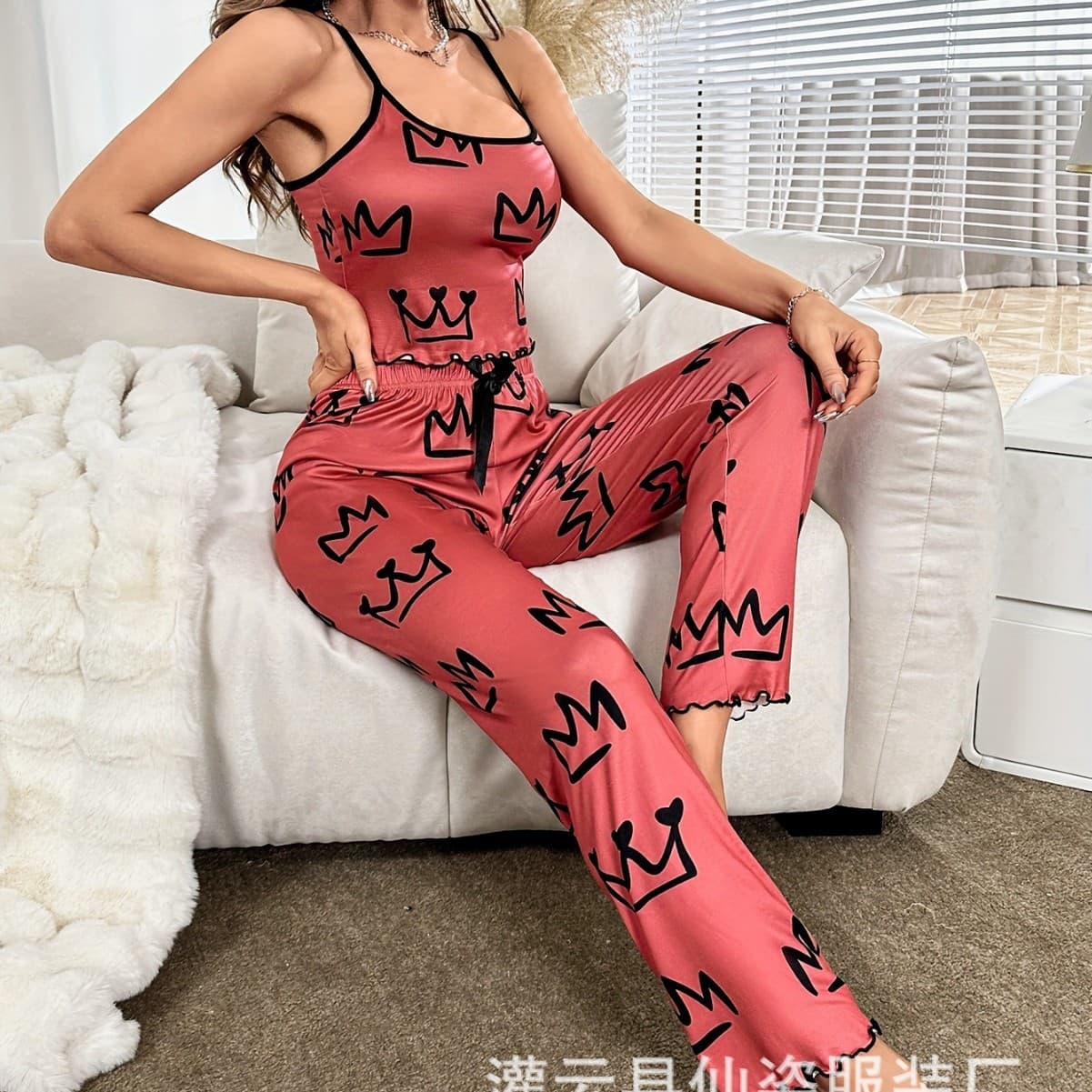 Shein Hot Selling New Women's Sleepwear Set Milk Silk Sleepwear Two-Piece Set Cute Print Source Factory