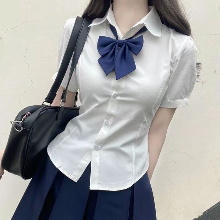 JK-style fitted shirt, uniform top, short-sleeved, original design, summer preppy style, puff sleeve white shirt set for women.