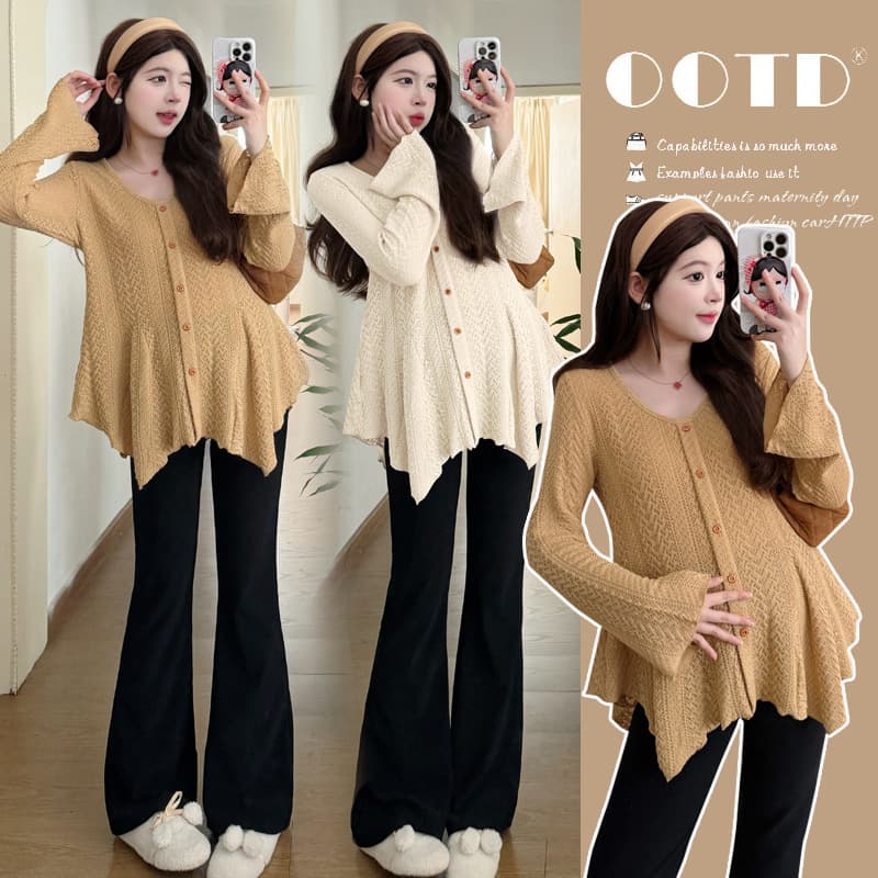 Real shot: Stylish maternity V-neck long-sleeved knit top with irregular flared sleeves and a slimming waist.