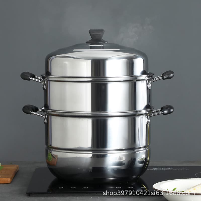 Thickened Stainless Steel Large Double-Layer Steamer Pot, 28cm-40cm Steaming Pot for Buns and Fish, Compatible with Induction Cookers
