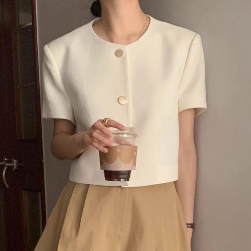 Korean-Style Summer Elegant Chanel-Inspired Round-Neck Single-Breasted Loose Casual Versatile Puff-Sleeve Short Women's Jacket